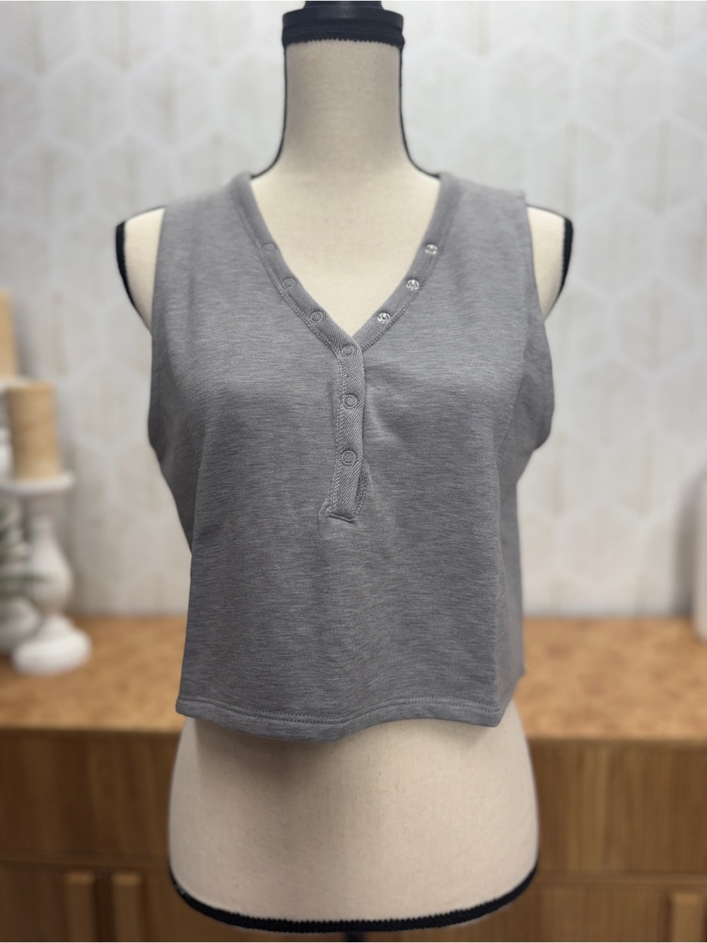 Mono B Gray V-Neck Henley Crop Tank